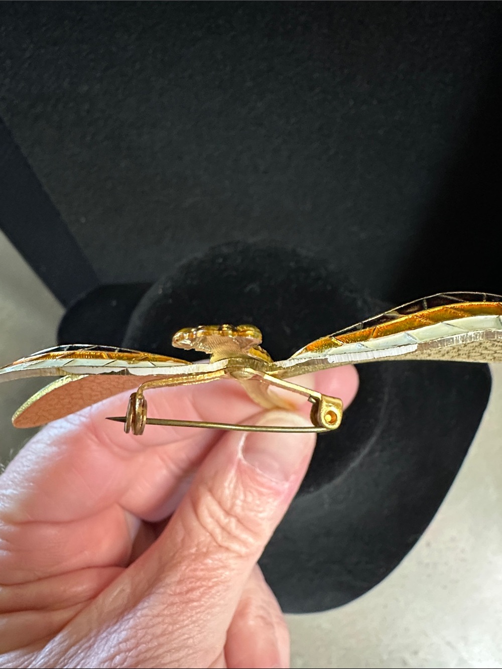 Vintage Gold Tone Dragonfly Brooch with Amber and Cream Enamel - Picture 5 of 16